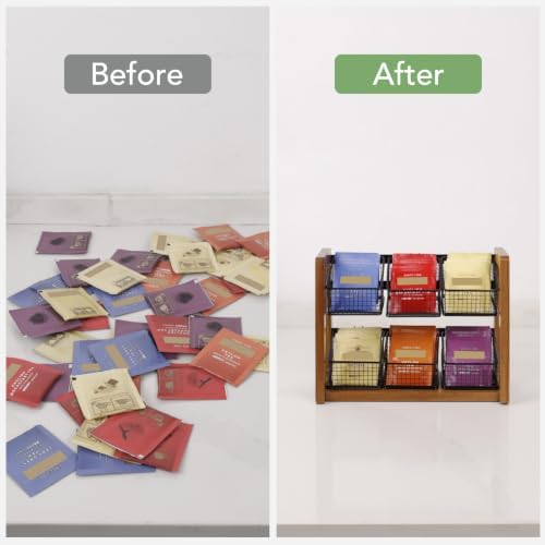 2 Tier Tea Organizer for Tea Bags with 6 Removable Metal Baskets