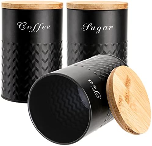 3 Pack Kitchen Canisters with Bamboo Lids, Airtight Metal Canister Set, Food Storage Containers Jars for Coffee, Sugar, Tea, Flour, Rustic Kitchen Decor Containers, Black