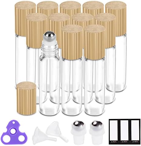 Essential Oil Roller Bottles 10ml ( Clear Glass Bottle with Bamboo Lid, 12 Pack, 2 Extra Stainless Steel Balls, 24 Labels, 1 Opener, 1 Funnel, 2 Droppers ) Roller Balls for Oils, Roller on Bottles by PrettyCare