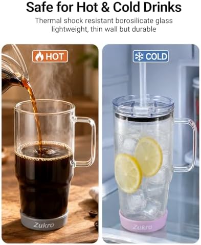 32 oz Borosilicate Glass Tumbler with Handle, Iced Coffee Cup, Reusable, Dishwasher Safe, BPA Free, Lilac