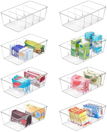 8 Pack Food Storage Organizer Bins, Clear Plastic, 4 Compartments