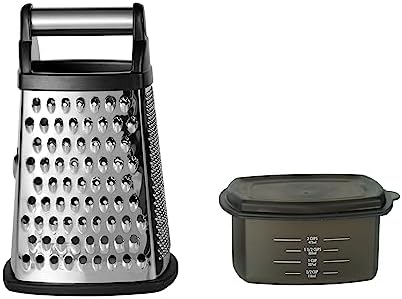 KitchenAid Gourmet Box Grater with Detachable Measuring Container and Lid, Stainless Steel Coarse Medium Fine Grater and Slicer, Dishwasher Safe, Black