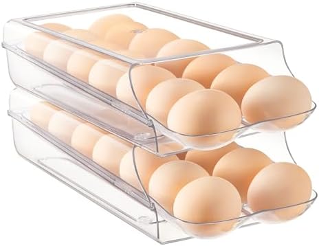2 Pack Egg Holder for Fridge, Automatic Rolling Egg Container