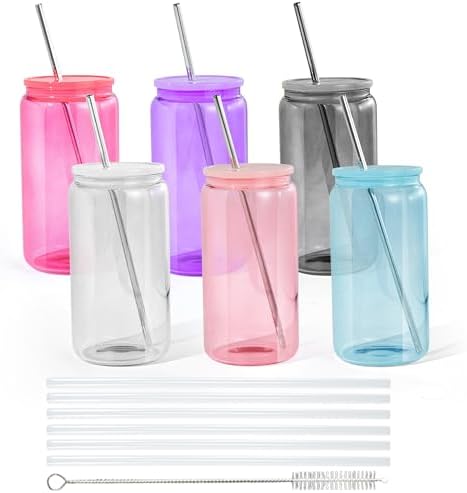 16oz Plastic Mason Jars, 6Pack Clear Mason Drinking Acrylic Cups with Lids and Stainless Steel Straws Iced Coffee Cups Shatterproof Unbreakable Tumblers for Smoothies, Beer, Coffee, Milk Tea, Colored