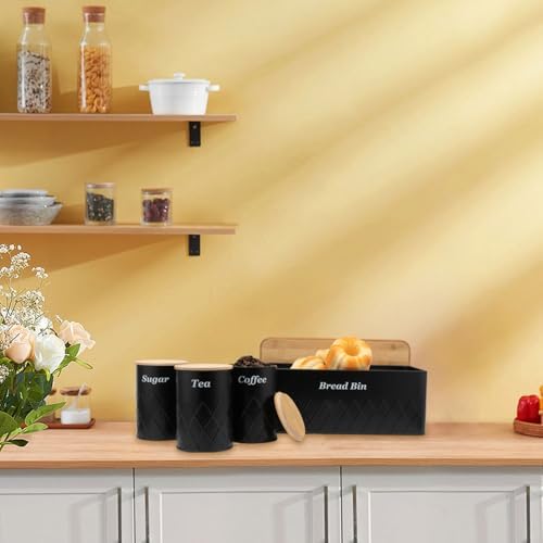 Black Metal Bread Box with Cutting Board,3 Canisters for Kitchen