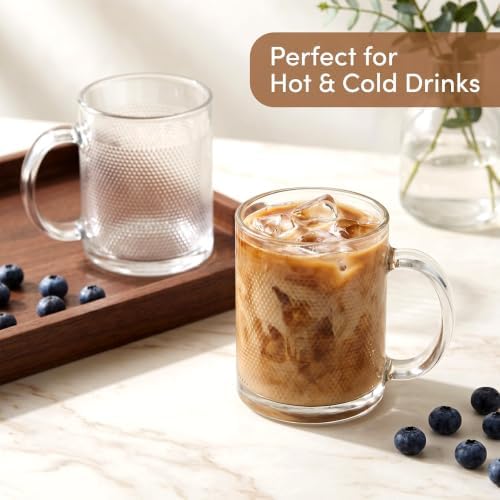 12oz Clear Embossed Glass Coffee Mugs Set of 12, Glass Mugs with Handles