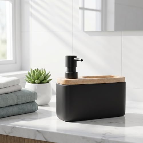 2-in-1 Ceramic Soap Dispenser with Sponge Holder,Black,17 Oz