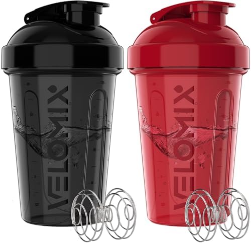 VELOMIX 2 Pack 20oz Protein Shaker Bottle for Protein Mixes, Black/Red by VELOMIX