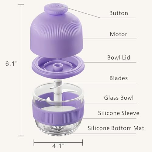 Cordless Glass Food Processor, 350ml Battery Mini Garlic Chopper (Purple) - Image 6