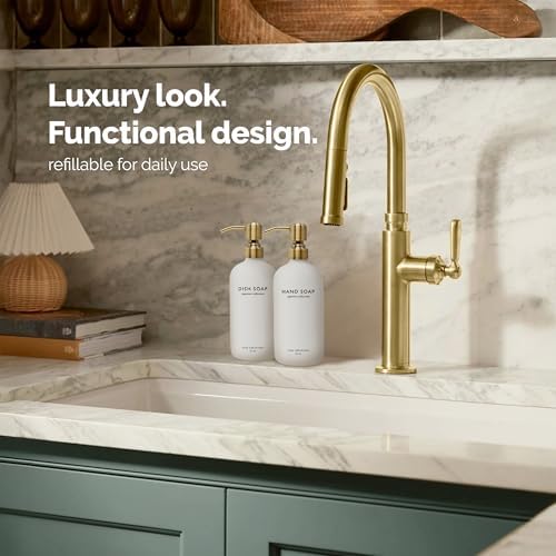 White Glass Soap Dispenser Set, Dish Soap and Hand Soap Dispenser Set with Stainless Steel Pump, 16 oz Glass Dispensers for Kitchen or Bathroom Decor (Matte White Bottle/Brushed Brass)