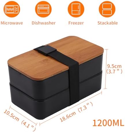 Bento Box Adult Lunch Box with lunch bag, Japanese Stackable Lunch Box Containers for Adult, Bento lunch Box with Dividers Black