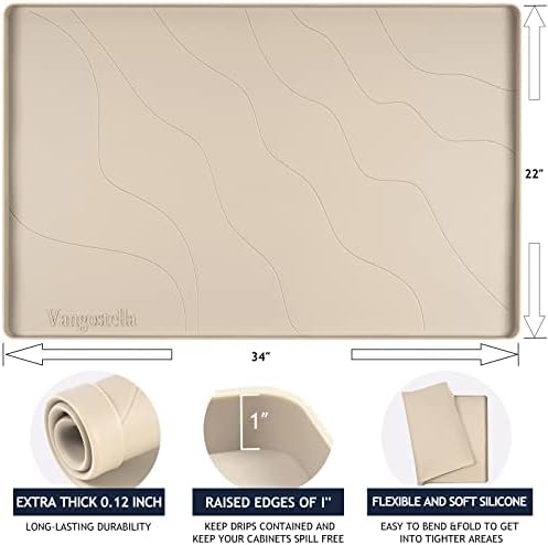 Heavy Duty Silicone Under Sink Mat for Kitchen Waterproof 34" x 22", Extra Thick Rubber Mat Drip Tray, Raised Edge Under Sink Liner, Prevent Drips, Leaks, Spills, Beige