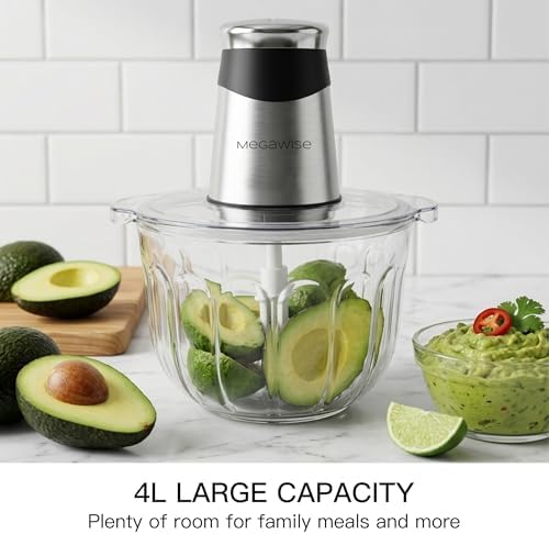 Electric Food Processor, 1000W Meat Grinder & Vegetable Chopper with 4L Thick Glass Bowl, 4 Blades and Dual-Speed Food Chopper for Meat, Vegetables, Fruits, Nuts, and Baby Food