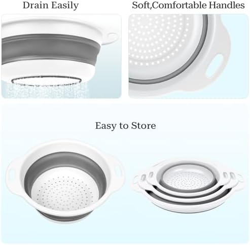 Collapsible Colander 3-Pack Set Space-Saving Foldable Kitchen Strainer with Non-Slip Base Durable Thickened PP+TPE Collapsible Strainers for Pasta, Vegetables, Fruits (Gray-White)
