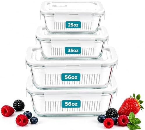 4 Pack Glass Berry storage containers for fridge with Removable Colander and Vent Valve, Fresh fruit Produce Storage Set（white）