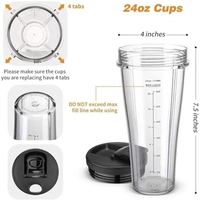 Blender Replacement Parts, Compatible For Ninja, SS101, 24 Oz.Slim Single - Serve Cups Kit With To Go Lids Fits SS100 SS300 SS400 Large Capacity(Only 1pcs 24OZ Cup) - Image 4
