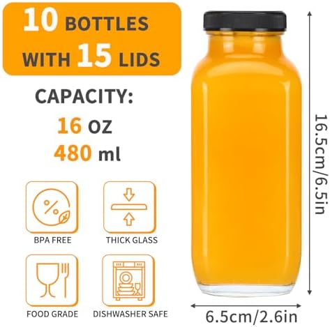 10pcs 16oz Glass Juice Bottles with Lids