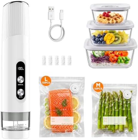 Compact Vacuum Sealer for Food with 3 Glass Containers and 20 Reusable Bags