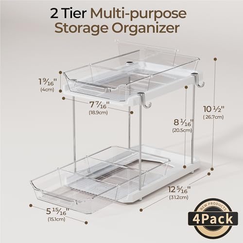 2 Tier Under Sink Organizer Bathroom, Bathroom Cabinet Organizer with Snap-Lock Design and Hooks, Pull Out Storage with Movable Dividers, for Countertop, Kitchen and Pantry (White, 4 Pack)