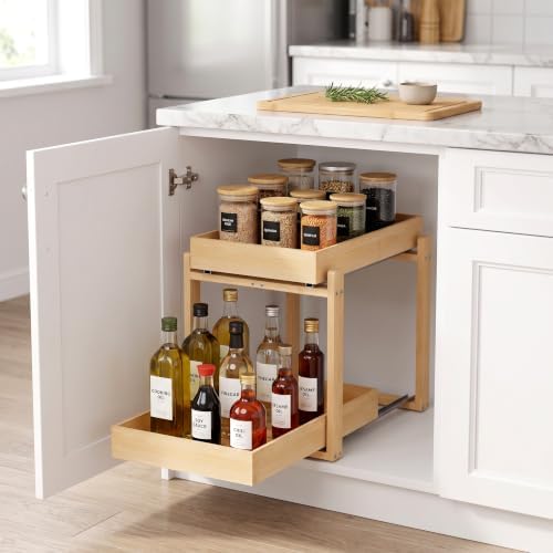 Bamboo Under Sink Organizer, 2 Pack Pull Out Cabinet Organizer