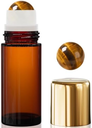PrettyCare Rose Quartz Roller Bottles for Essential Oils, 50ml Roll On Bottles with Natural Crystal Roller Ball Applicator, Refillable Amber Glass Perfume Bottle (1 Pack, Tiger's Eye Roller) by PrettyCare