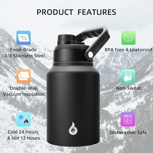 64oz Insulated Water Bottle, Half Gallon Stainless Steel Water Jug