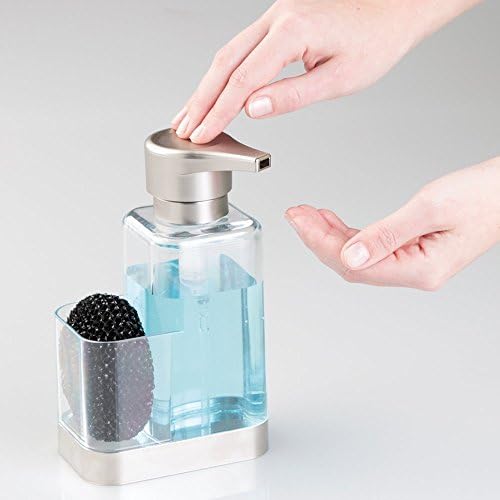 Modern Plastic Kitchen Sink Countertop Liquid Hand Soap Dispenser Pump Bottle Caddy with Storage Compartment - Holds and Stores Sponges, Scrubbers and Brushes - Clear/Brushed