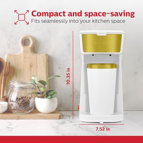 Holstein Housewares Personal Coffee Maker with 14oz Travel Mug – Compact One-Touch Brew Machine with Reusable Filter, Auto Shut-Off, Non-Stick Plate, Ideal for Home, Office, or Dorm. White & Gold - Image 6