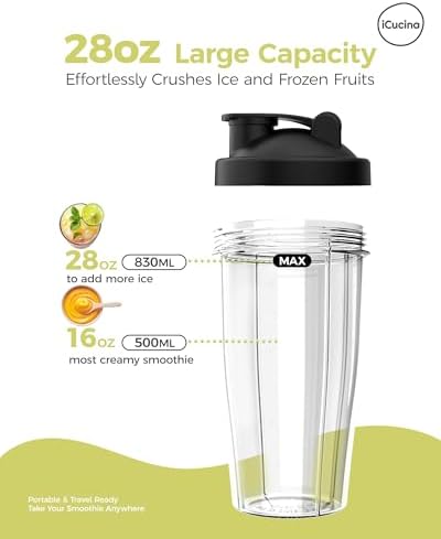 ICUCINA - 28 Oz Blender Cup Replacement with To-Go Lids, Cups for Protein Shakes, BPA Free Smoothie Cups (Pack of 2) - Image 6