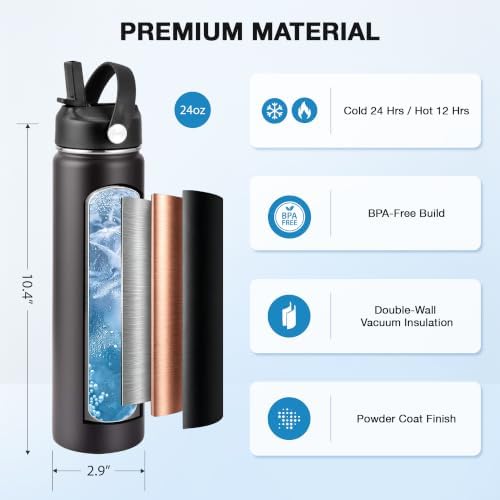 Insulated Water Bottle 24 OZ, Wide Mouth 24 oz Water Bottle with Straw Lid, Spout Lid, Double Wall Vacuum Stainless Steel Leak Proof, Keeps Liquids Hot or Cold (Black)