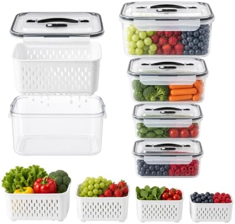 4Pcs Fridge Produce Storage Bins, Airtight Containers w/ Colander Vent