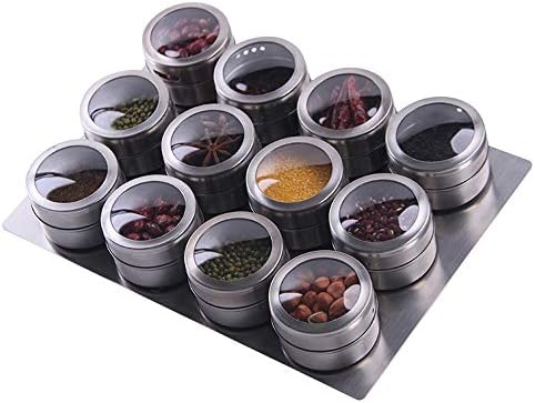 12 Magnetic Spice Jar Containers Spice Tins - Wall Mounted Stainless Steel Base - Easy to Install