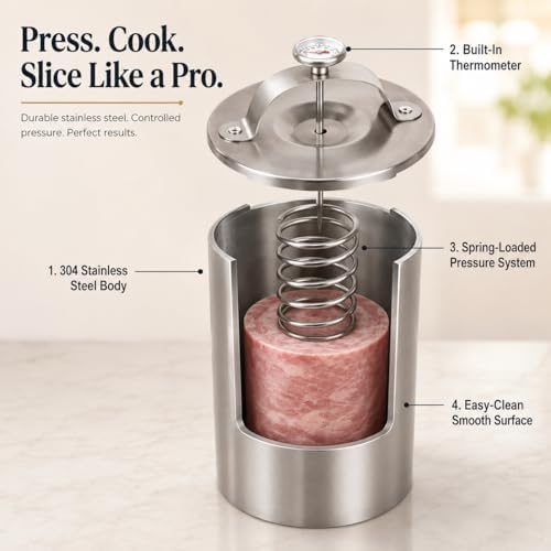 304 Stainless Steel Ham Press Maker with Thermometer Stainless Steel Burger Press-for Homemade Healthy Lunch Meat - Professional Spring-Loaded Meat Cooker Machine for Chicken, Pork, Beef & Seafood - Image 3