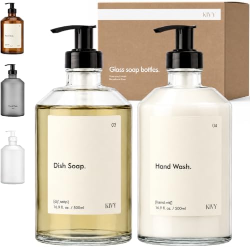 Glass Soap Dispenser Set 2X 16oz - incl. Waterproof Labels - with Pump