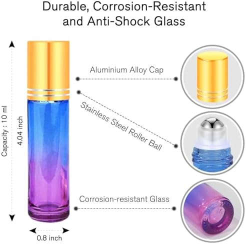 PrettyCare Set of 24, 10 ml Essential Oil Roller Bottles with Stainless Steel Roller Ball - Refillable Leak-proof Empty Thick Rainbow Glass Roll on Bottles with Metal Caps for Travel, Perfume - Image 2