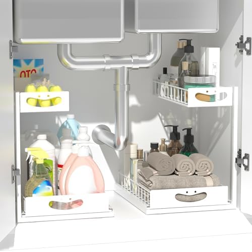 Under Sink Organizer with Pull-Out Drawers,Kitchen Sink Organizer,2 Tier Bathroom Organizers And Storage,Bathroom Accessories Set,White 2 Pack