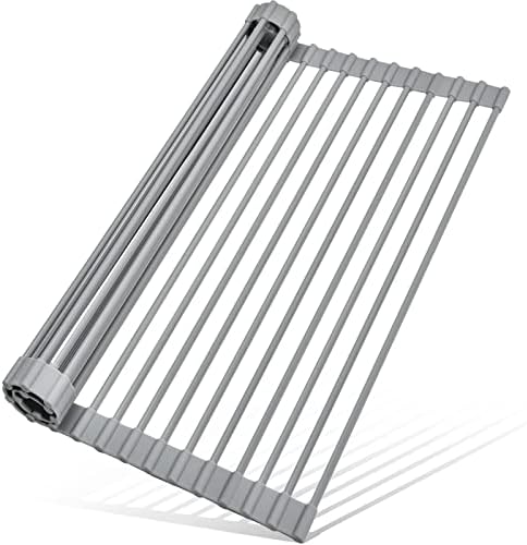 Roll Up Dish Drying Rack, Over The Sink Dish Rack Foldable, Heat-Resistant, Anti-Slip Silicone Coated Steel Dish Drainer for Kitchen Sink, Multipurpose Roll Up Sink Drying Rack, 17.5" x 13"