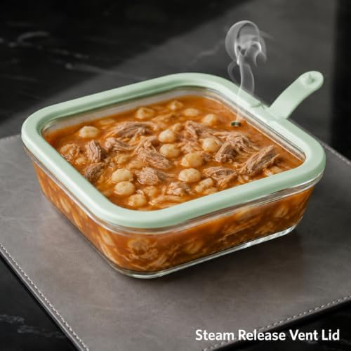 Glass Food Storage Containers, Set of 3 - Airtight Vacuum Sealed Steam Vent Lids - Square Borosilicate Glass Dishes with Ombre Green Lids - Assorted Sizes for Meal Prep & Leftovers, Sage