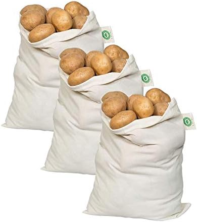 Potato Storage Bags for Pantry - Organic Cotton Potato Sacks - Washable Potato Keeper & Potato Holder with Drawstring - Root Vegetable Storage Sacks for Onion, Potato, Garlic (3 X Large - 14"x18")