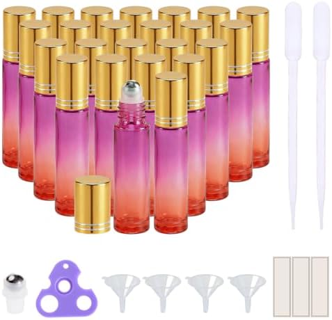 PrettyCare 24 Pack, 10 ml Essential Oil Roller Bottles with Stainless Steel Roller Ball - Refillable Leak-proof Empty Thick Red & Purple Glass Roll on Bottles with Golden Caps for Travel, Perfume by PrettyCare