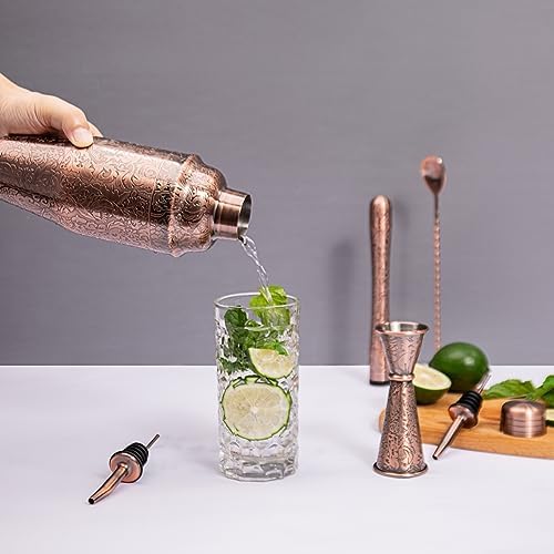 3D Etching Cocktail Shaker Set Bartender Kit with Cocktail Shaker,Jigger, Muddler, Bar Spoon, Bar Accessory Tools, Reindeer Deer Head Pattern, Stainless Steel, Copper Plated