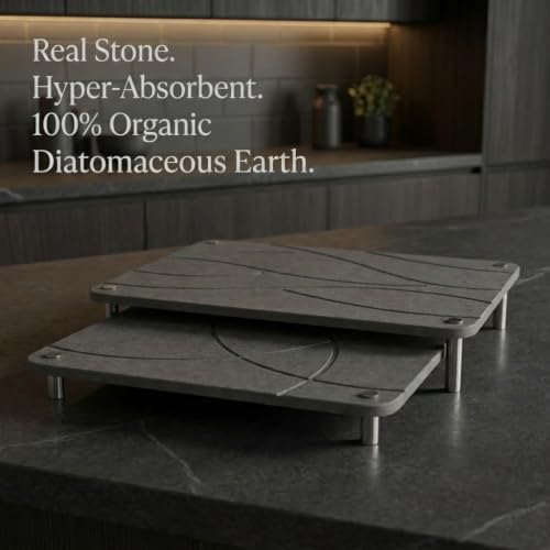 Nested Dish Drying Stone Mat with Bamboo Rack | Large 16"x12" Dish Drying Mat plus 13"x12" Diatomaceous Earth Stone Mat | Expands to 29” x 12” | Premium Stone Mat for Kitchen Counter (Dark Gray)