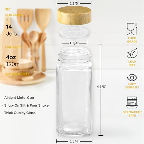 14 Pcs Spice Jars with Bamboo Lids - 4oz Square Spice Bottles with Spice Labels, Shaker Lids, Funnel