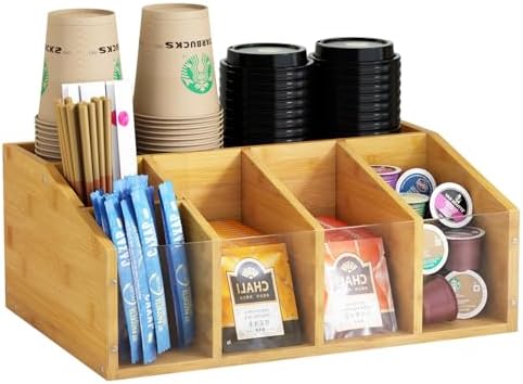 Coffee Station Organizer Condiment Organizer for Countertop Farmhouse Coffee Caddy with Removable Dividers Small Cute Office Bar Accessories for Tea Bags, Pods, Syrup, Cups, and Stirrer