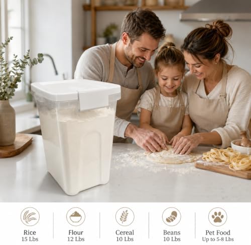 Rice Storage Container 10-15 Lbs, Airtight Flour Dry Food Bin with Scoop