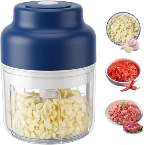 350ML Mini Electric Garlic Chopper, Mini Portable Veggie Chopper USB Charging Wireless Food Processor, Upgrade Electric Mini Garlic Chopper Set Wireless Veggie Grinder (Blue) by Hekisace