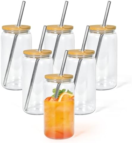 16oz Acrylic Mason Jar Cups, Clear Cups with Bamboo Lids and Straws, Iced Coffee Cup Drinking Glass Tumbler for Whiskey, Soda, Tea, Juice, Gift, 6pcs
