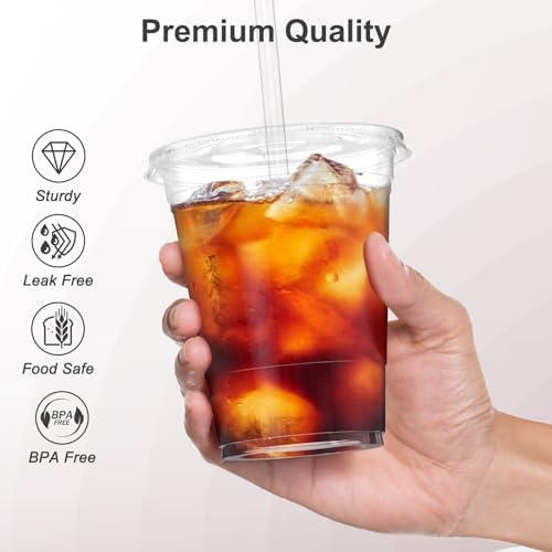100 Pack - 16 oz Clear Plastic Cups with Lids and Straws