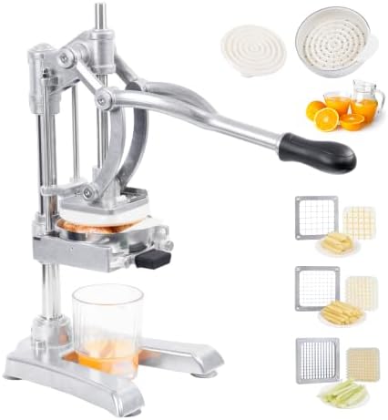 Multifunctional 4in1 Manual Vegetable slicer Citrus Squeezer Juicer Machine AIO Stainless Steel French Fry Cutter Potato Slicer (Sliver, Squeezer & 1/2 3/8 1/4 Blade)