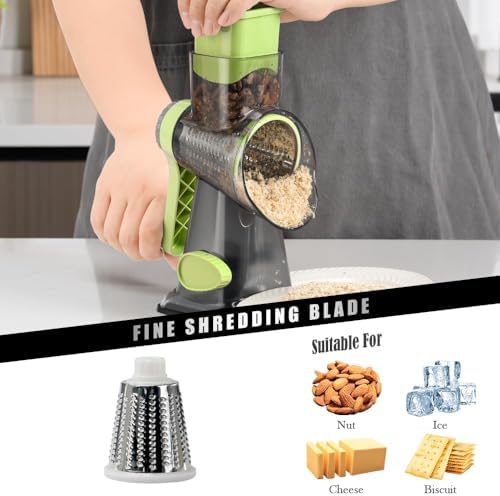 Badelite Cheese Grater Hand Crank Rotating Cheese Shredder Stainless Steel Vegetable Slicer Grater for Kitchen 3 Blades for Cheese, Carrot, Cucumber, Nuts, Chocolate, Green - Image 4